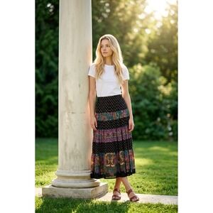 Carole Little Petites Vintage Tiered Maxi Skirt Black Floral Rayon Gauze Size 8